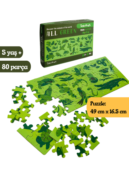 Doerkids All Green-Yeşil Hayvanlar Midi Puzzle | 80 Parça 5+ Yaş